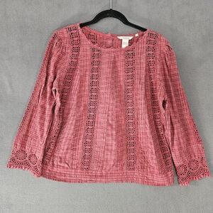 Sundance Women Medium Shirt Pink Plaid Floral Crochet Boho Crew Lonh Sleeve